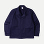 Men's navy chore jacket with button front, pointed collar and four patch pockets