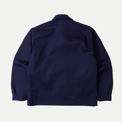 Men's navy chore jacket with button front, pointed collar and four patch pockets