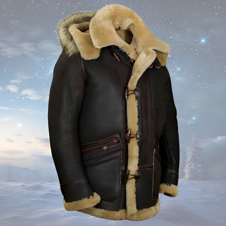 Men's dark brown hooded jacket with tan fur-look trim, toggle closures and zip pockets