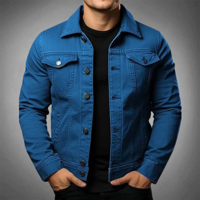 Men's denim jacket with pointed collar, long sleeves, chest pockets and button front