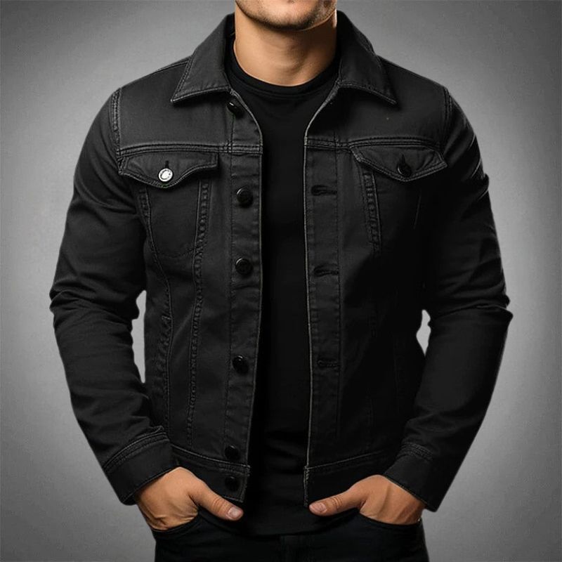 Men's denim jacket with pointed collar, long sleeves, chest pockets and button front