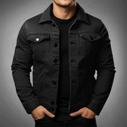 Men's denim jacket with pointed collar, long sleeves, chest pockets and button front