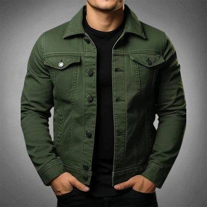 Men's denim jacket with pointed collar, long sleeves, chest pockets and button front