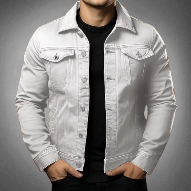 Men's denim jacket with pointed collar, long sleeves, chest pockets and button front