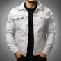 Men's denim jacket with pointed collar, long sleeves, chest pockets and button front