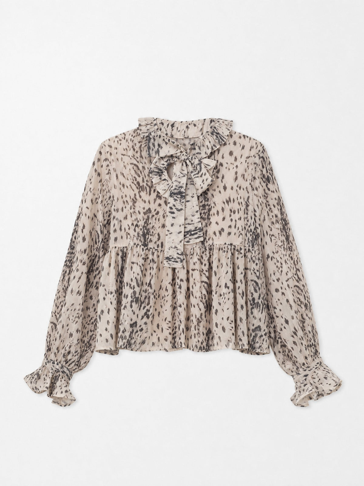 Women's beige animal print blouse with tie neckline and long sleeves