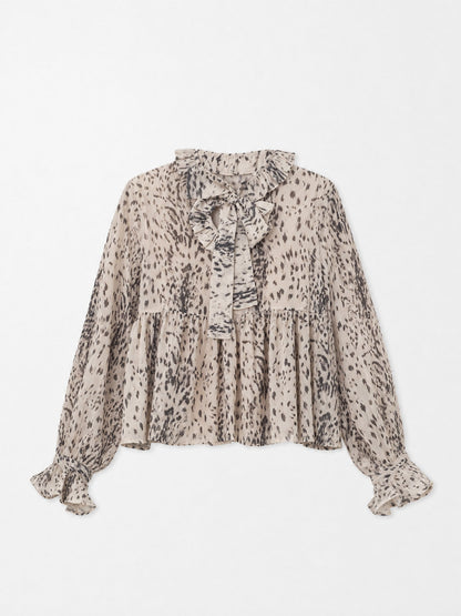 Women's beige animal print blouse with tie neckline and long sleeves