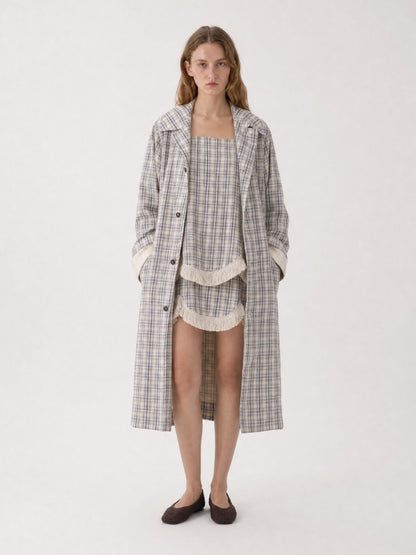 Women's long checked trench coat with point collar and button front