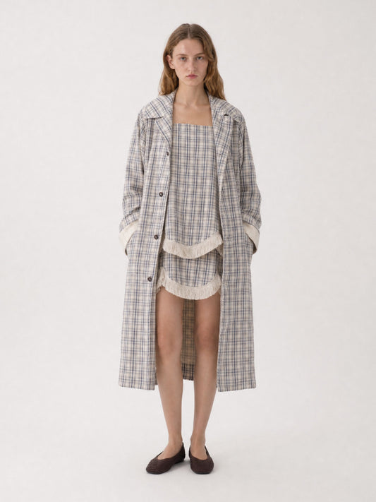 Women's long checked trench coat with point collar and button front