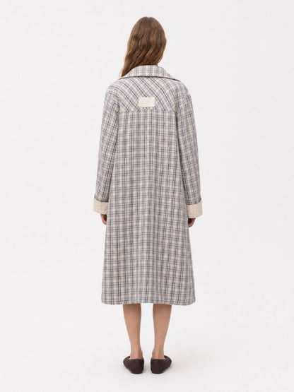 Women's long checked trench coat with point collar and button front