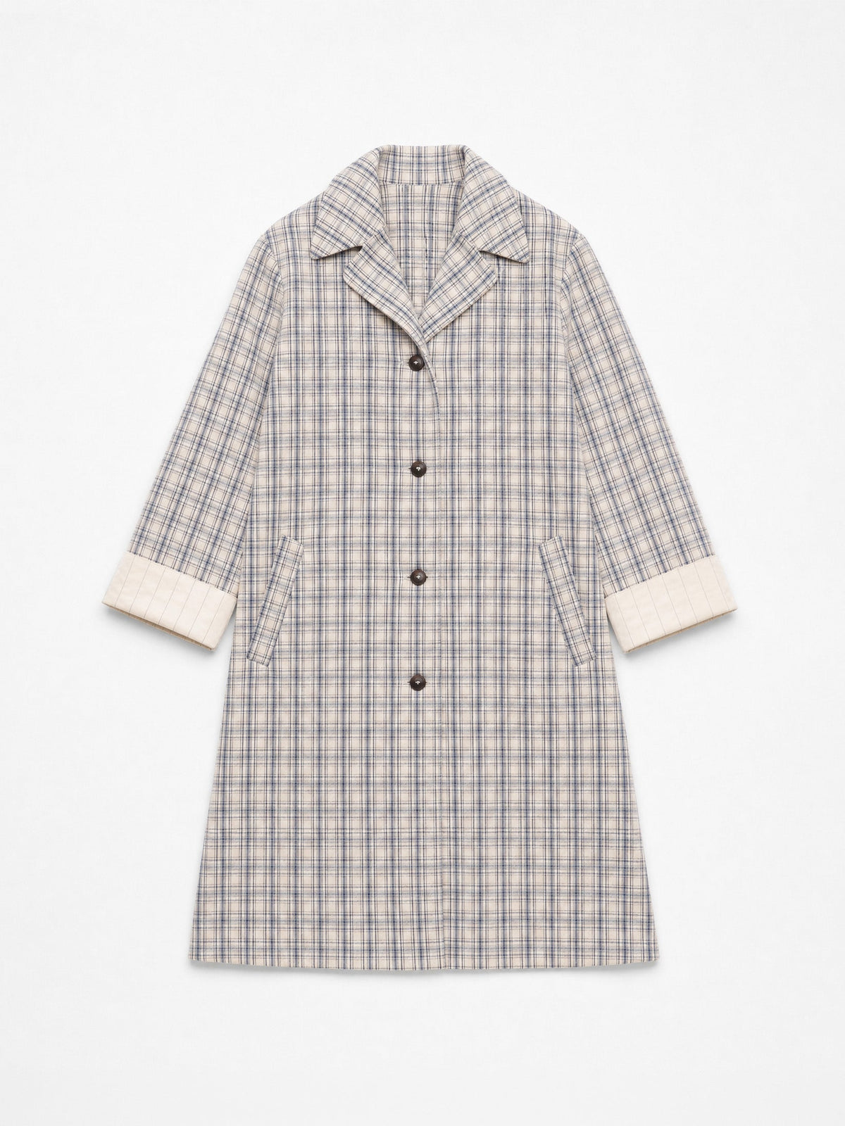 Women's long checked trench coat with point collar and button front