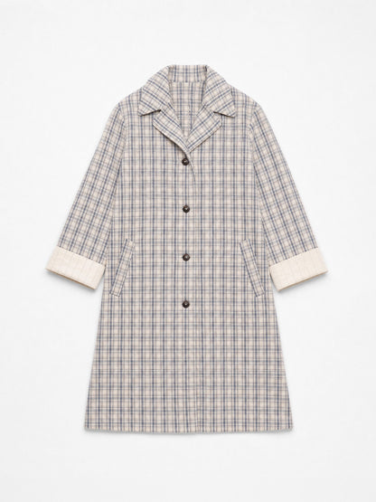 Women's long checked trench coat with point collar and button front