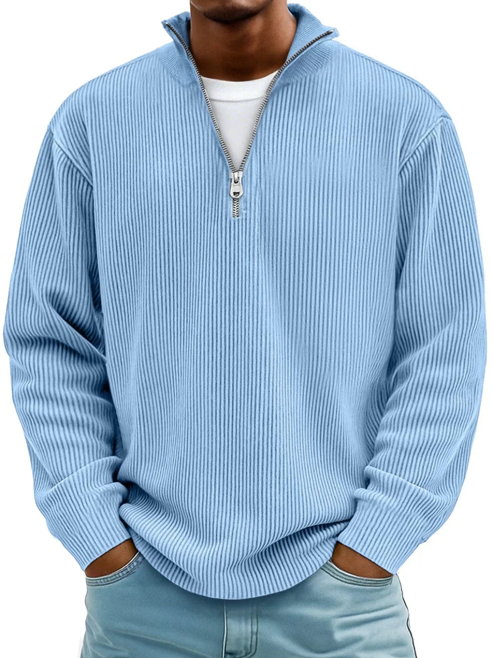 Men's ribbed quarter-zip pullover sweater with stand collar