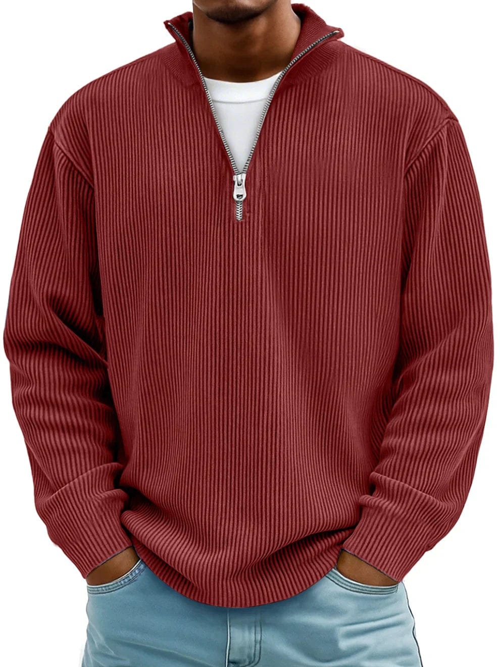 Men's ribbed quarter-zip pullover sweater with stand collar