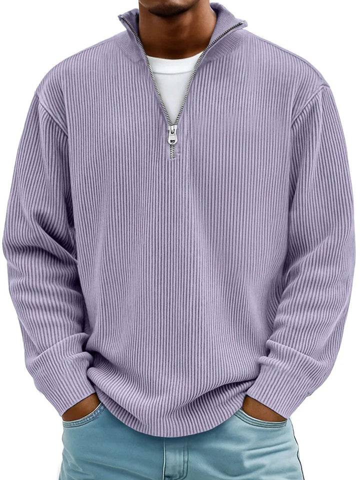 Men's ribbed quarter-zip pullover sweater with stand collar