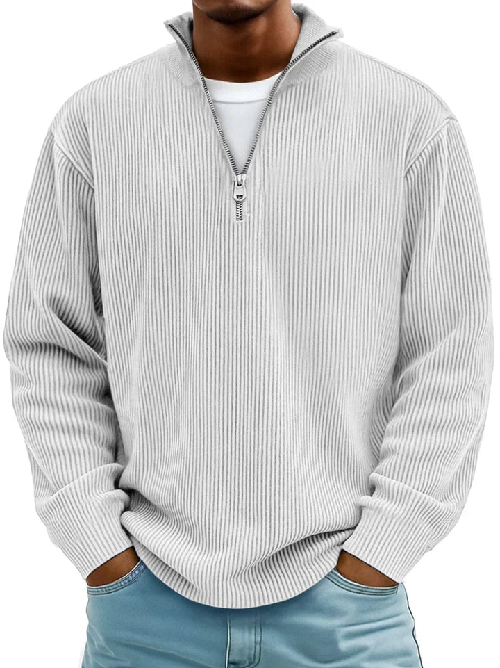 Men's ribbed quarter-zip pullover sweater with stand collar