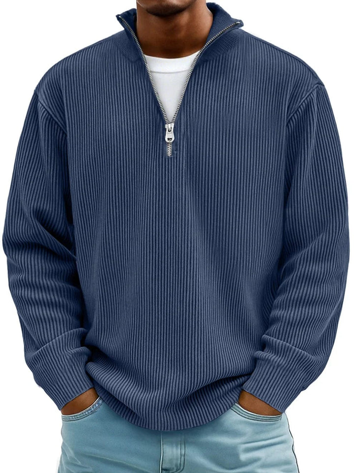 Men's ribbed quarter-zip pullover sweater with stand collar