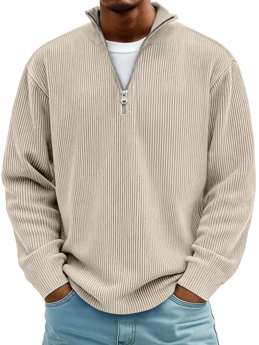 Men's ribbed quarter-zip pullover sweater with stand collar