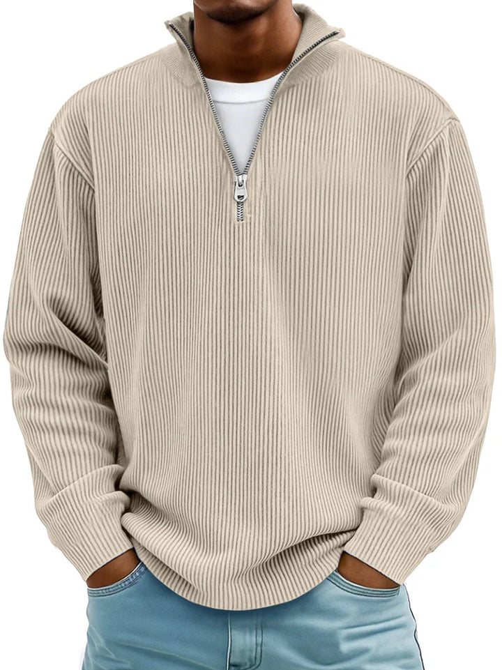 Men's ribbed half-zip sweater with stand collar