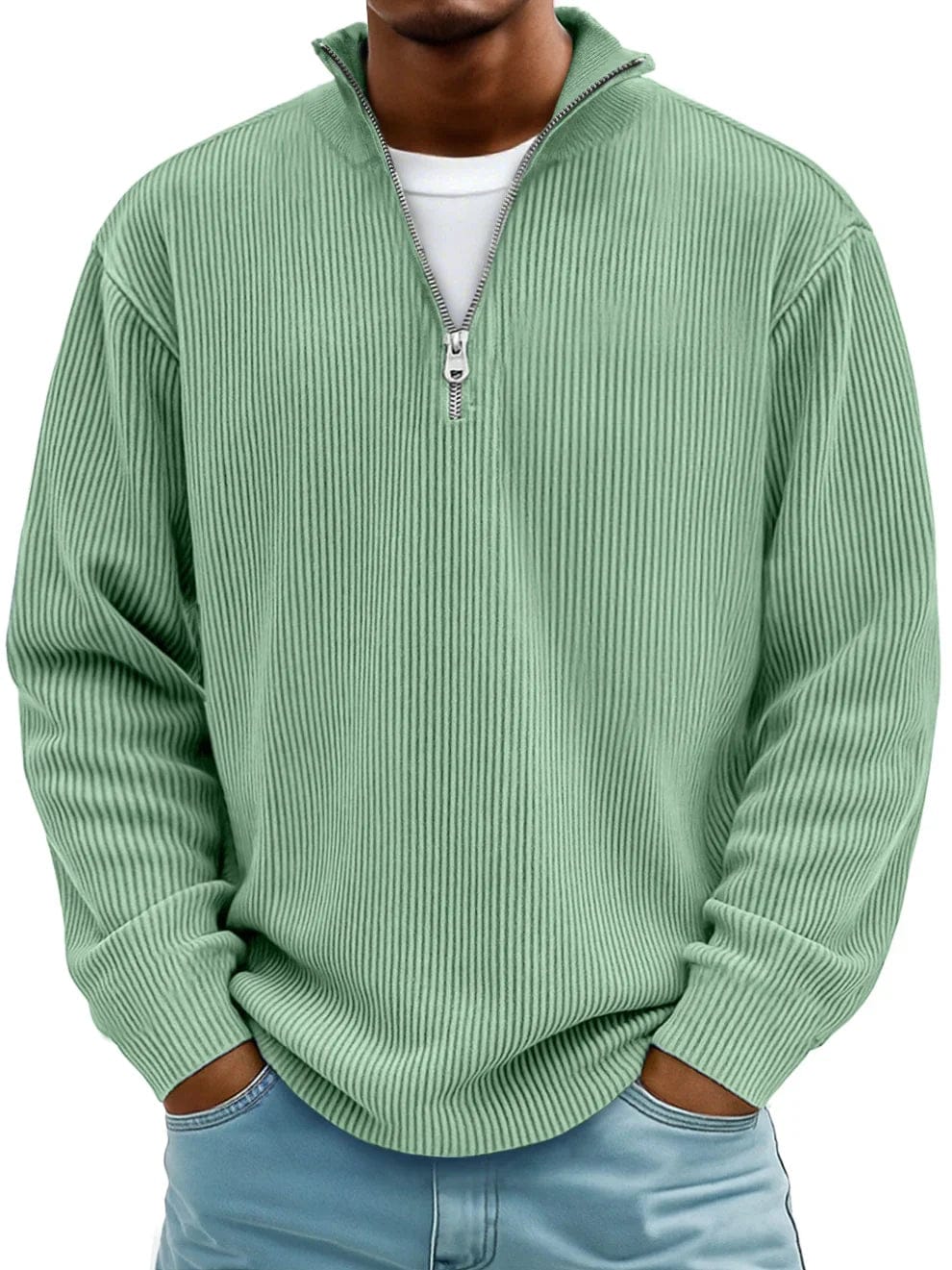 Men's ribbed quarter-zip pullover sweater with stand collar