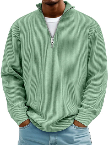 Men's ribbed quarter-zip pullover sweater with stand collar