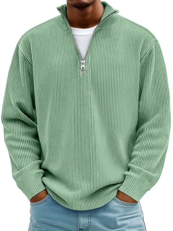 Men's ribbed quarter-zip pullover sweater with stand collar