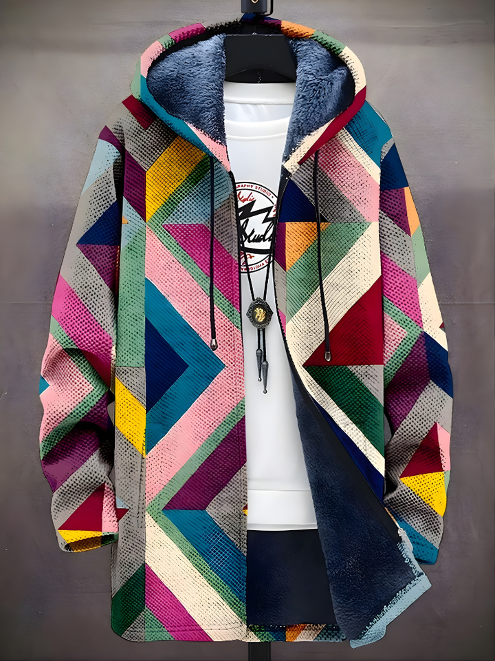 Colourful geometric zip-up hoodie with hood and long sleeves