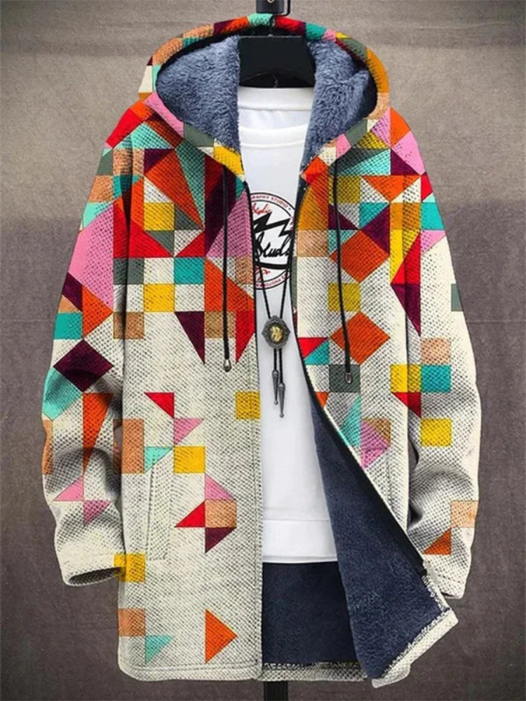 Colourful geometric zip-up hoodie with hood and long sleeves