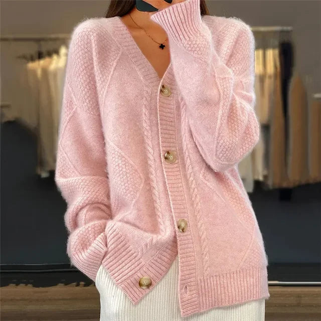 Women's textured V-neck button cardigan with long sleeves