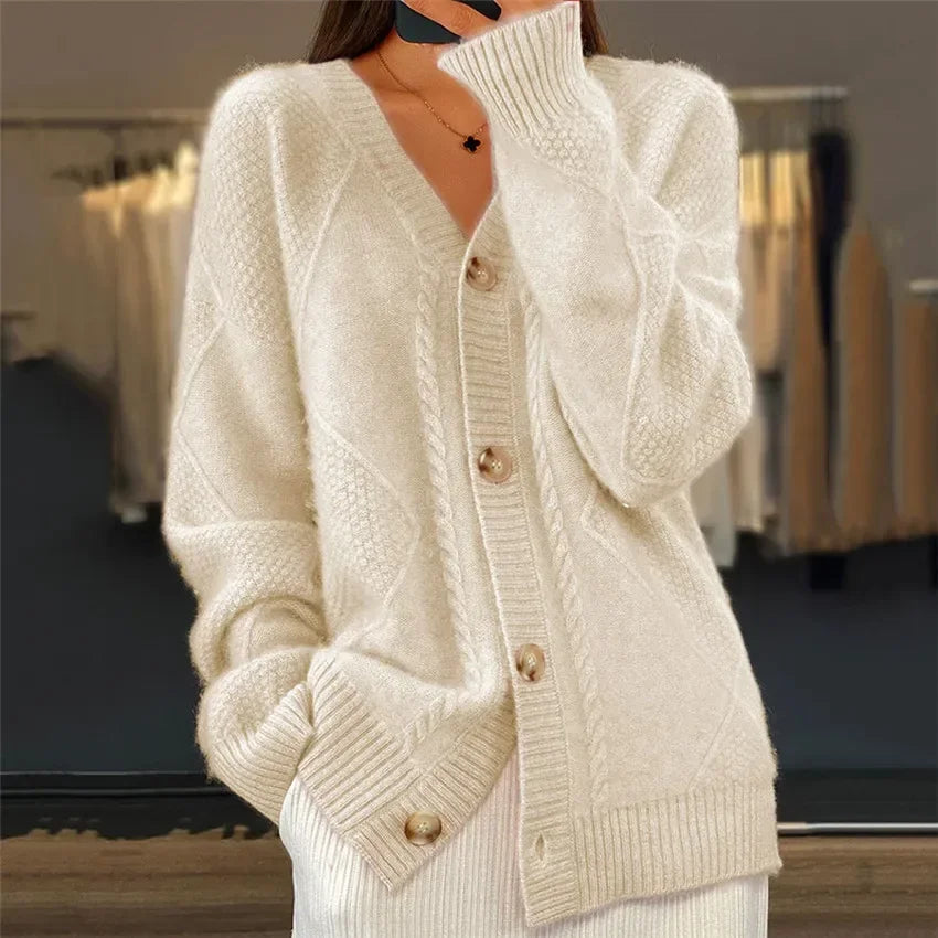 Women's textured V-neck button cardigan with long sleeves