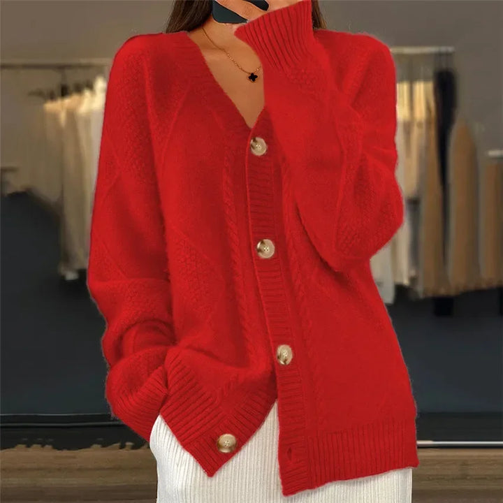 Women's textured V-neck button cardigan with long sleeves