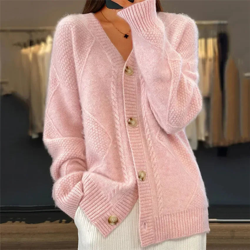 Women's textured V-neck button cardigan with long sleeves