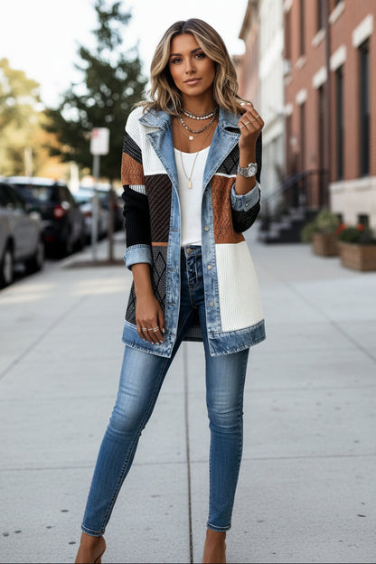 Women's longline knit cardigan jacket with contrasting denim collar and panels