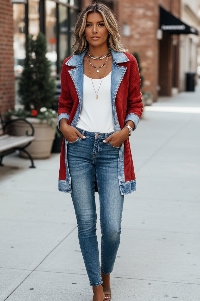 Women's longline knit cardigan jacket with contrasting denim collar and panels