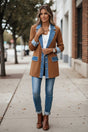 Women's longline knit cardigan jacket with contrasting denim collar and panels