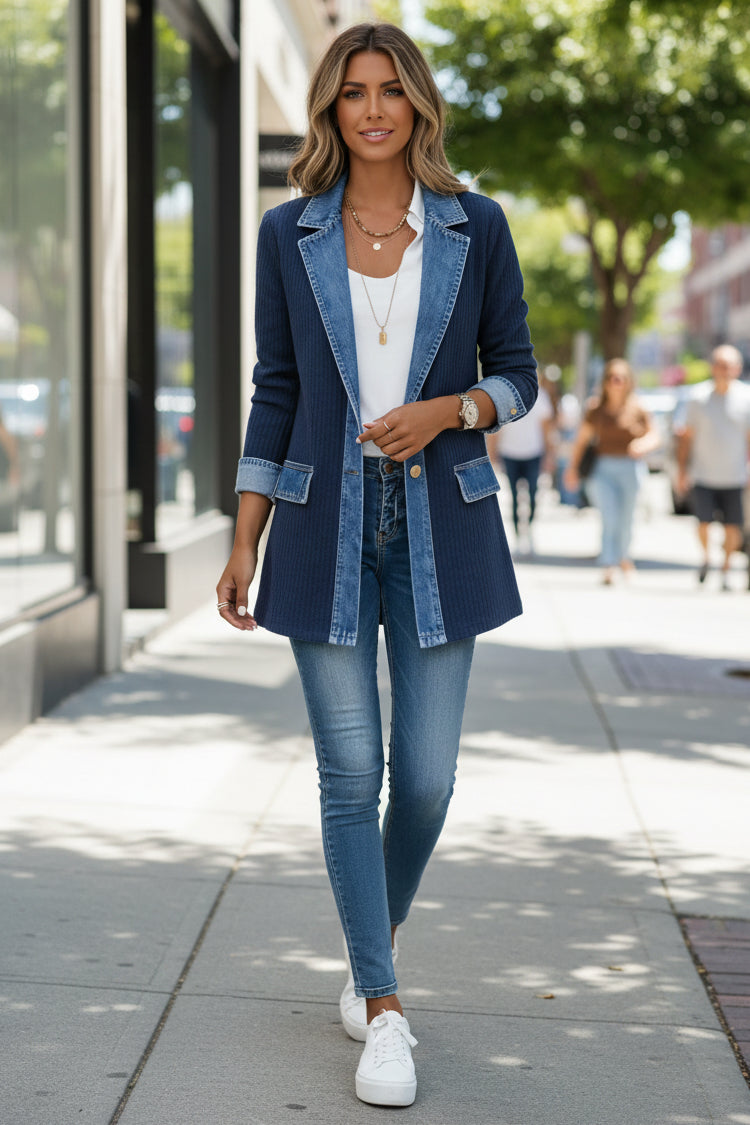 Women's longline knit cardigan jacket with contrasting denim collar and panels