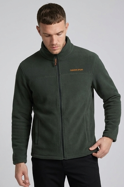 Men's full-zip fleece sweatshirt with stand collar and long sleeves
