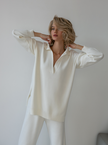 Women's white collared V-neck knit set with long sleeves and wide-leg trousers