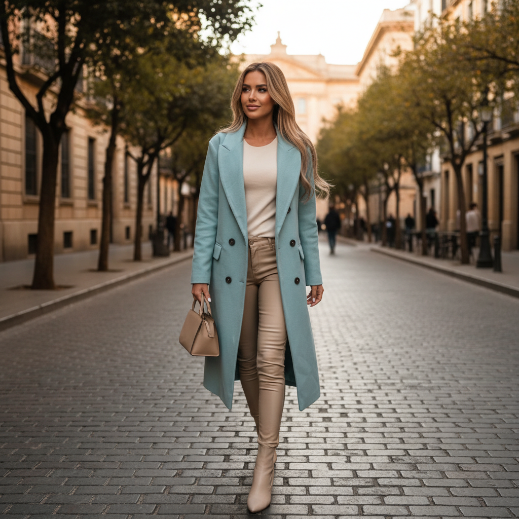 Women's longline double-breasted trench coat with notched lapels and flap pockets
