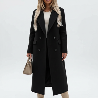 Women's longline double-breasted trench coat with notched lapels and flap pockets