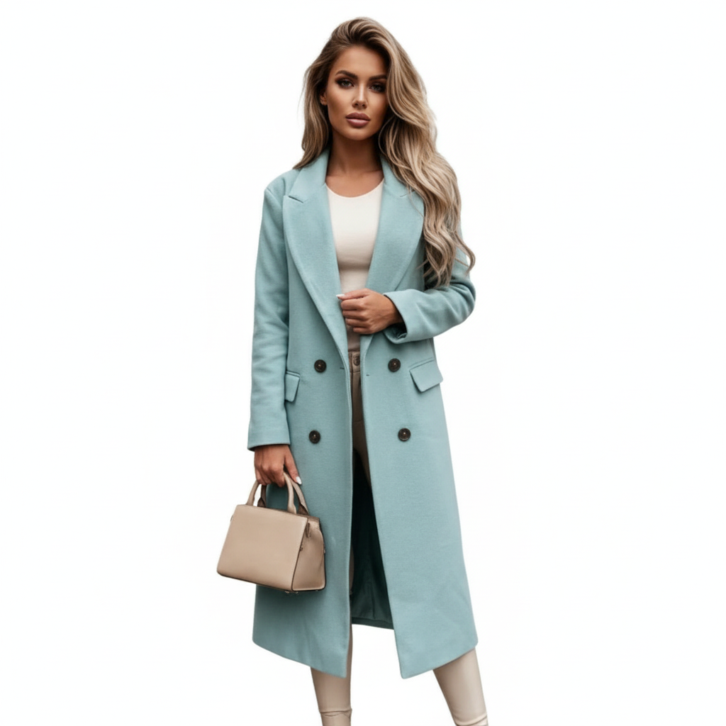 Women's longline double-breasted trench coat with notched lapels and flap pockets