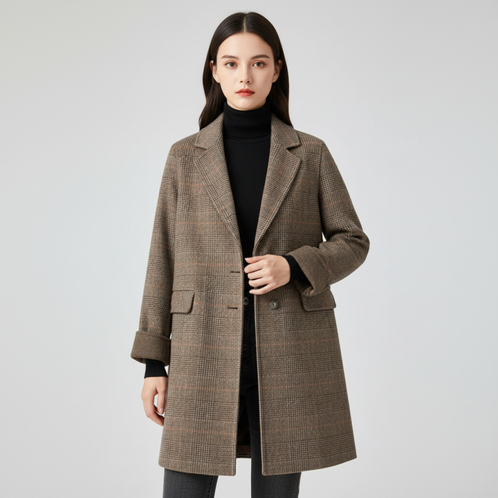 Women's checked trench coat with notch lapel and patch pockets