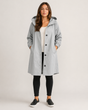 Women's hooded mid-thigh rain coat with button front and long sleeves