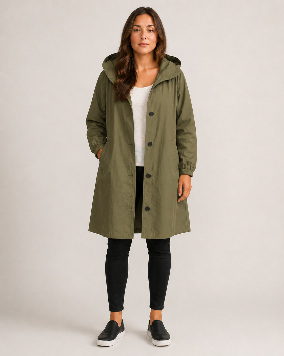 Women's hooded mid-thigh rain coat with button front and long sleeves