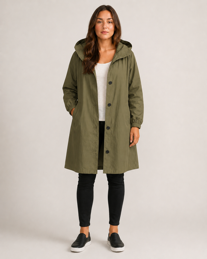 Women's hooded mid-thigh rain coat with button front and long sleeves