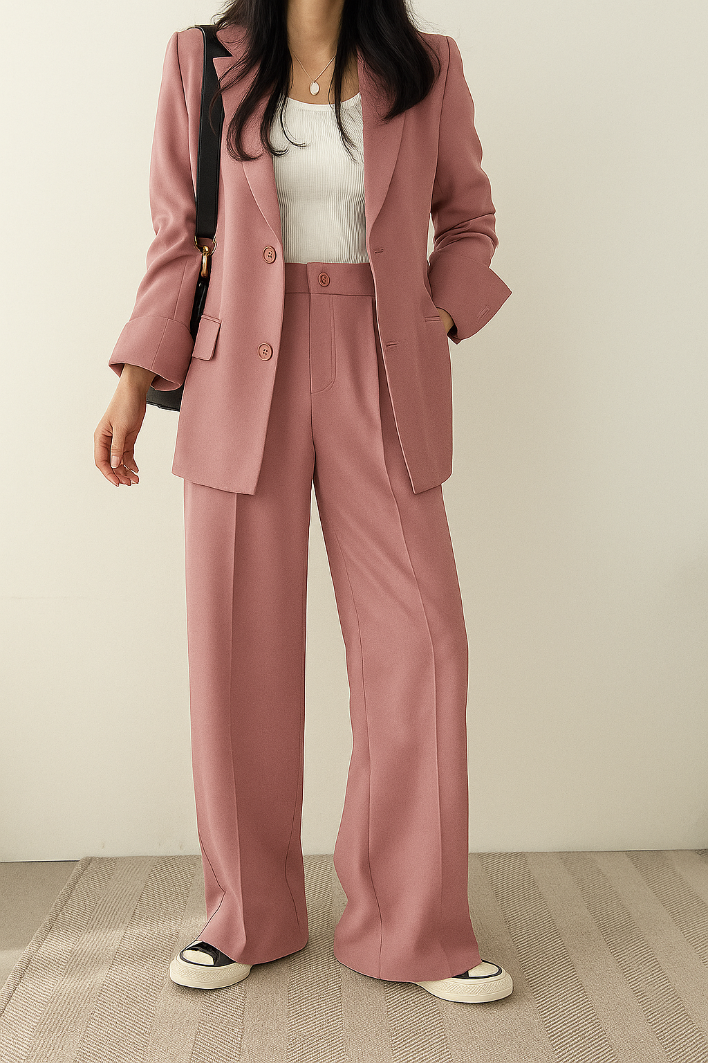 Women's tailored two-piece blazer suit with wide-leg trousers