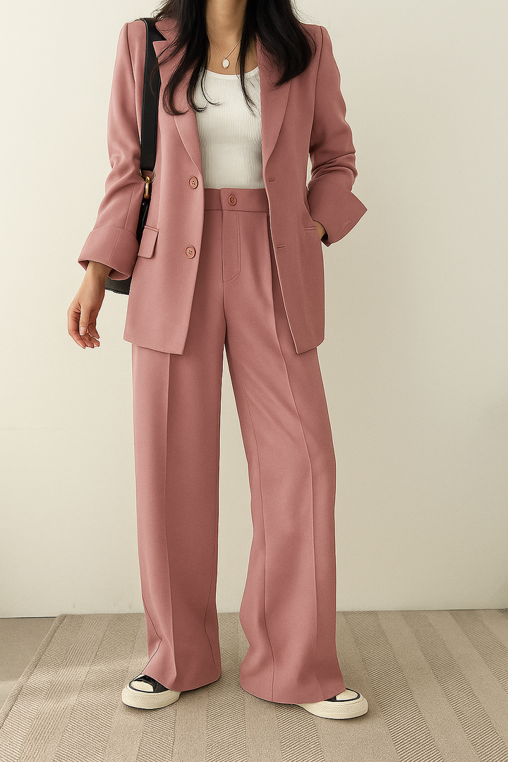 Women's tailored two-piece blazer suit with wide-leg trousers