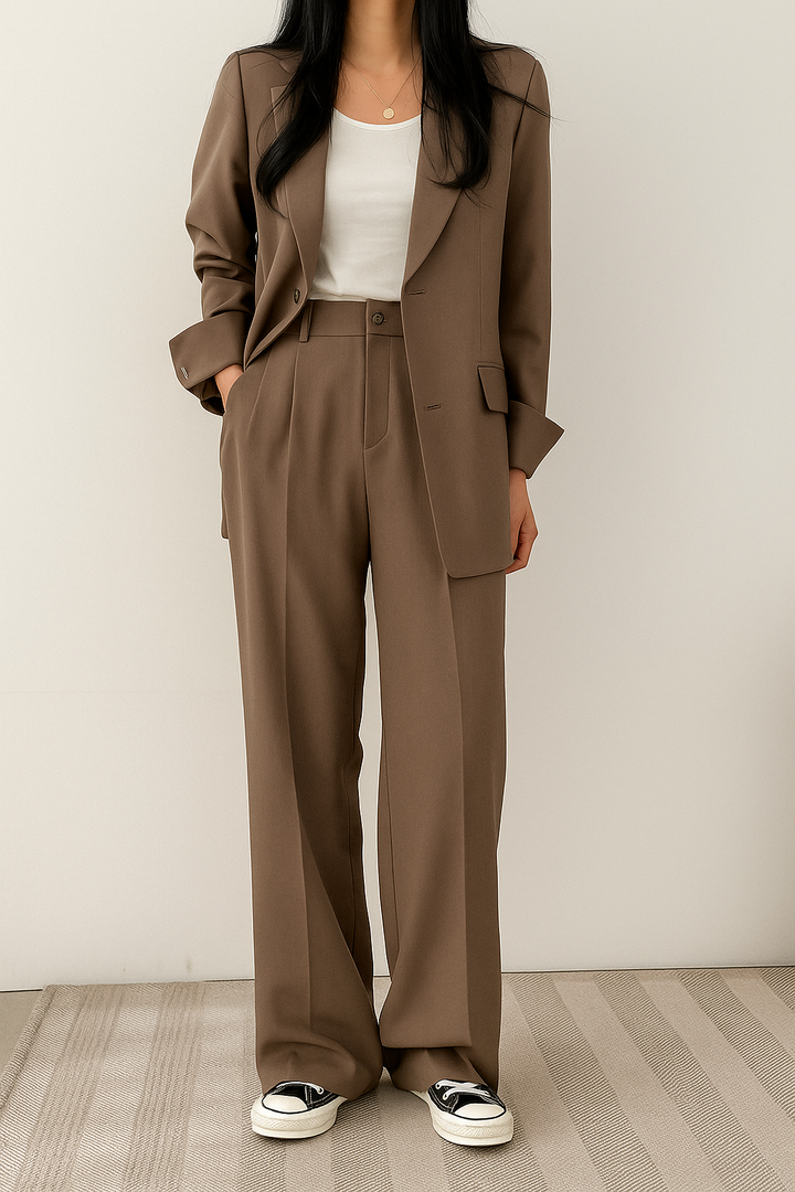 Women's tailored two-piece blazer suit with wide-leg trousers