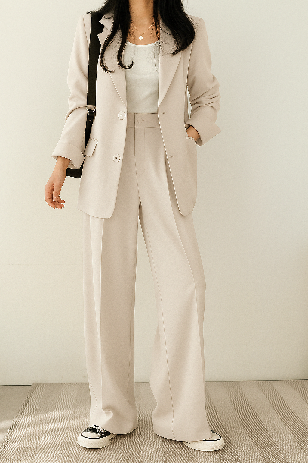 Women's tailored two-piece blazer suit with wide-leg trousers