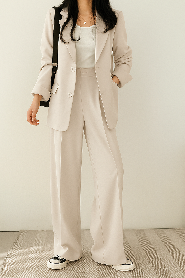 Women's tailored two-piece blazer suit with wide-leg trousers